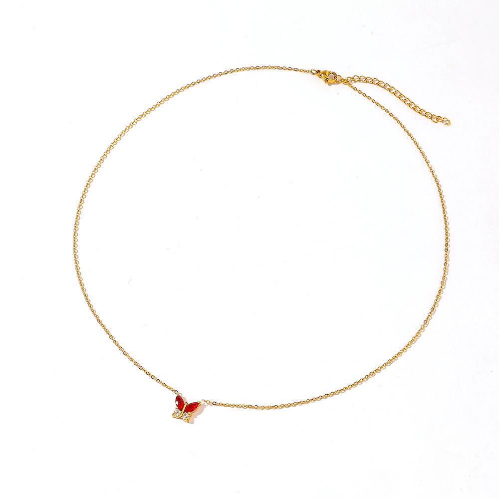 Red Butterfly Zircon Necklace in Stainless and Titanium Steel, 18K Gold-Plated, Colorfast, European-American Style for Women.
