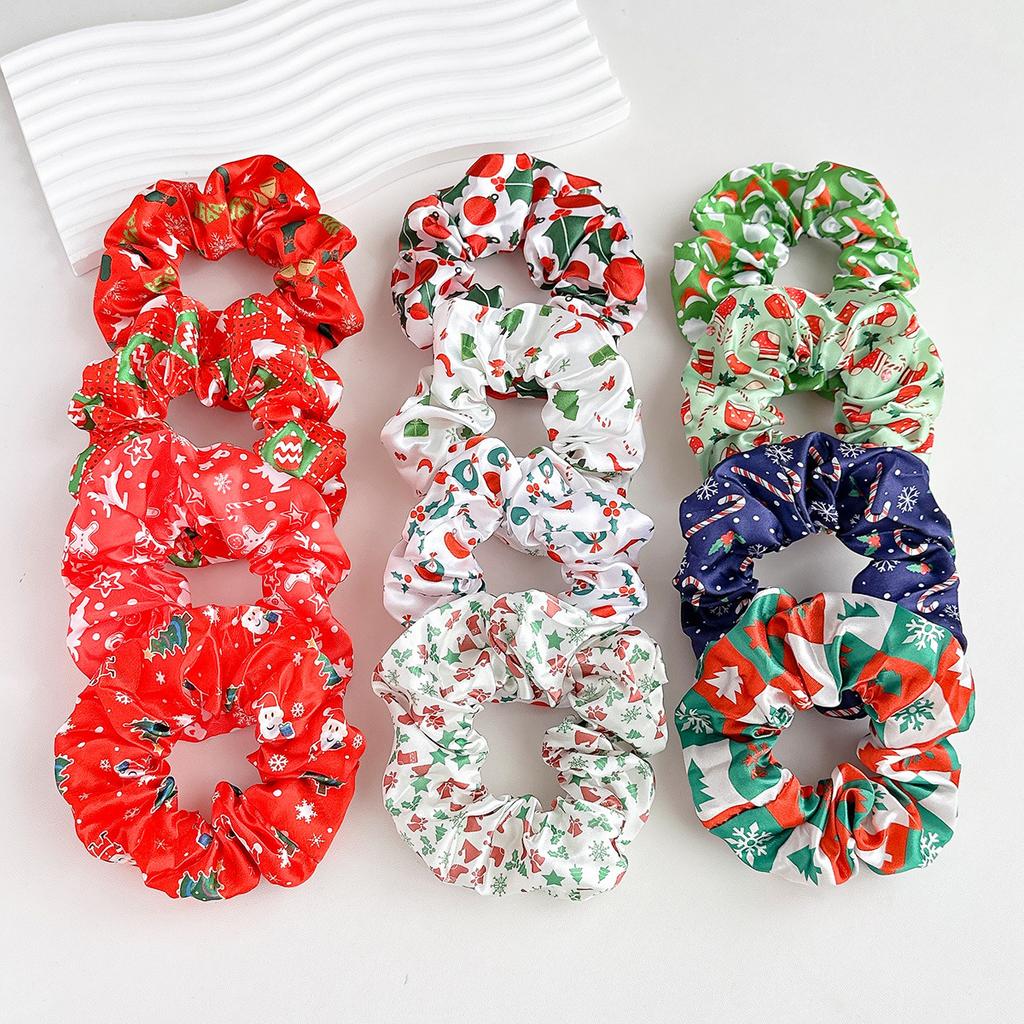12Pcs Christmas Style Hair Ties Santa Claus Print Satin Scrunchies for Women Girls Trendy Xmas Festiva Party Hair Accessories