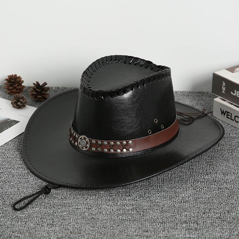 Ethnic Style PU Leather Cowgirl Hat Women Men Wide Brim Western Caps for Carnival Rave Party Travel Panama Jazz Hats