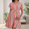 GMXIA V-neck Short-sleeved Loose Casual Striped 3D Printed Waist Tie Maternity Dress