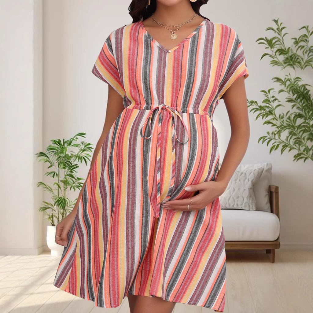 GMXIA V-neck Short-sleeved Loose Casual Striped 3D Printed Waist Tie Maternity Dress