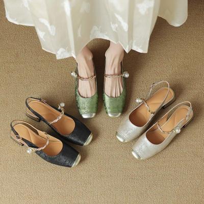 Ladies Shoes Print Thick Heel for Party and Weddings Green Closed Half Women's Sandals Pearl Block Chunky Korea Daily Pvc or Vip