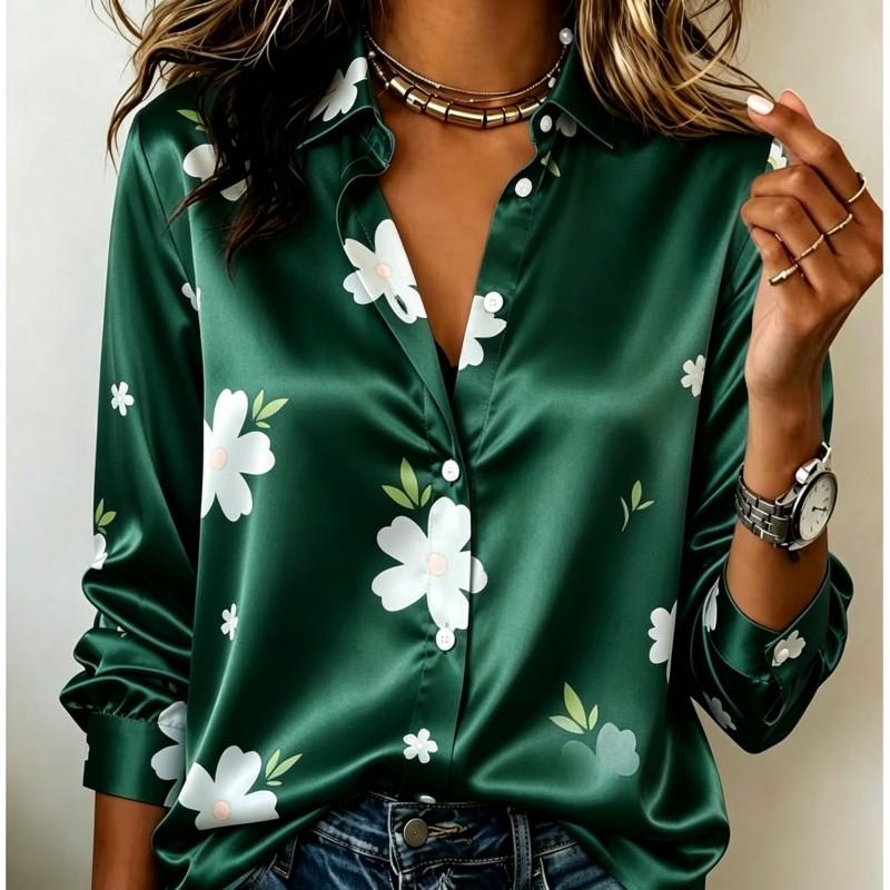 Dames satijnen shirt met lange mouwen, witte bloemenprint blouse, revers, enkele rij knopen, losse kantoor tops