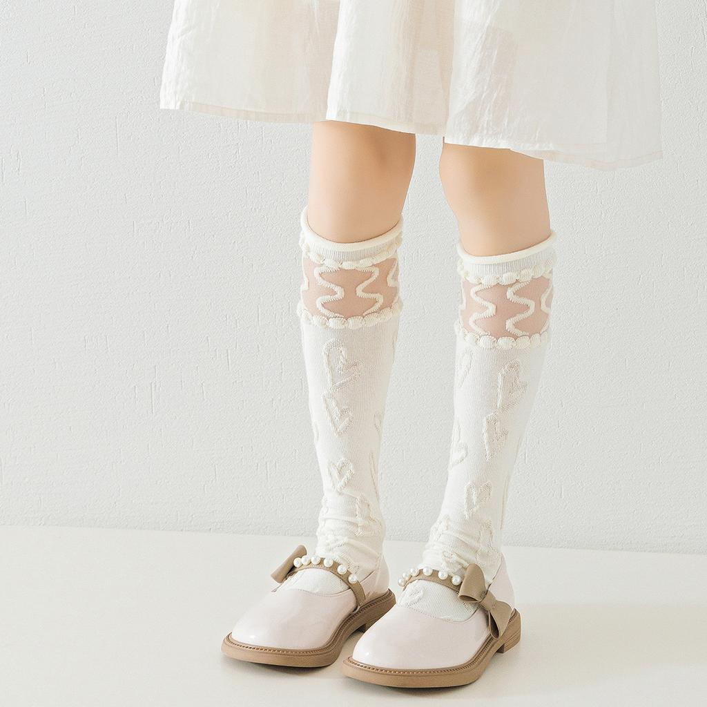 Sweet Japanese White Princess Calf Socks for Kids Girls Beige Floral Soft Cotton School Socks for Spring and Autumn