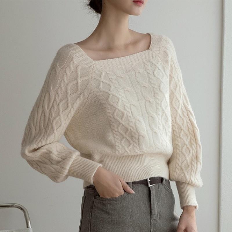 Lantern sleeve top women's spring and autumn literary style French twisted knitted sweater short niche temperament high sense