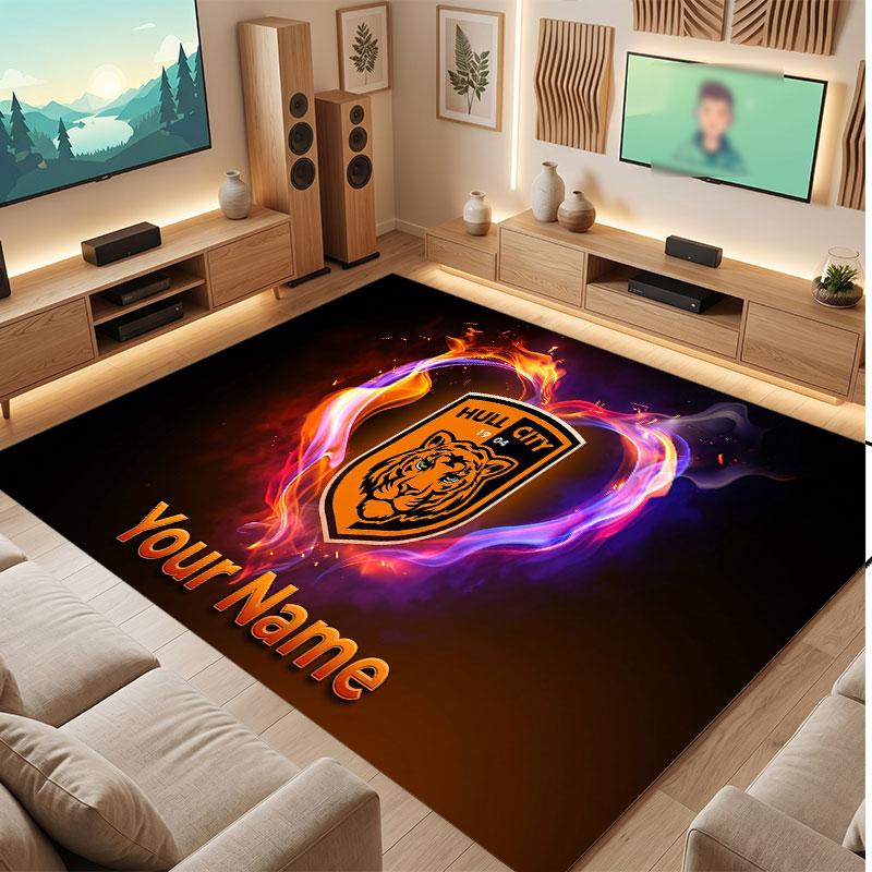 Hull City Custom Crystal Velvet Rug, Personalized Name Text Print, Football Logo Soft Non‑Slip Floor Mat Home Decor Gift