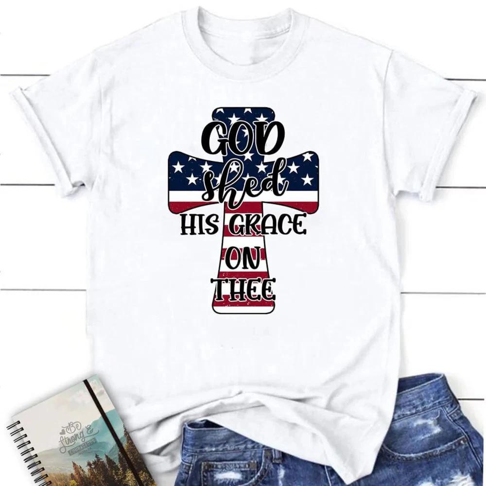 Christian T Shirt Cross American Flag God Shed His Grace On Thee S