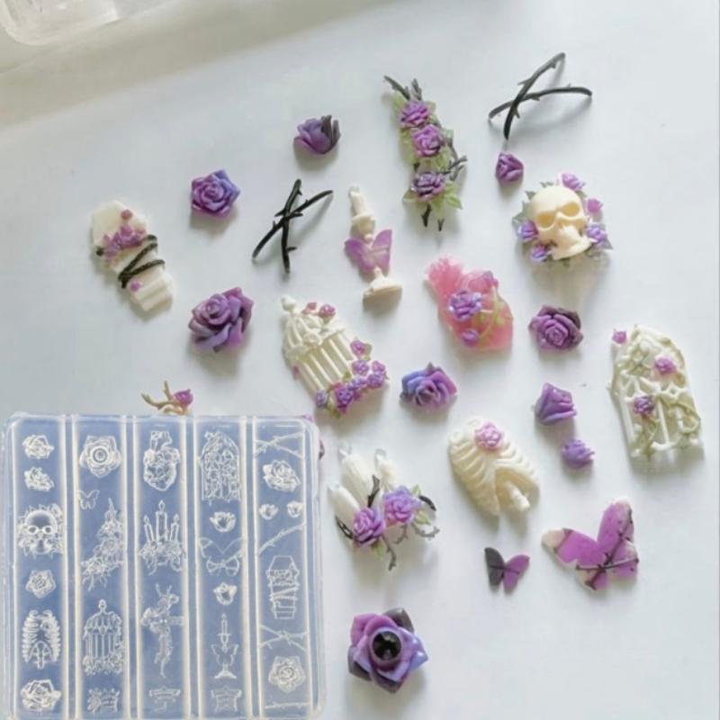 3D Creative Transparent Nail Mold Diy Nail Art Decoration Rose Candlestick Skull Butterfly Birdcage Nail Art Carving Mold