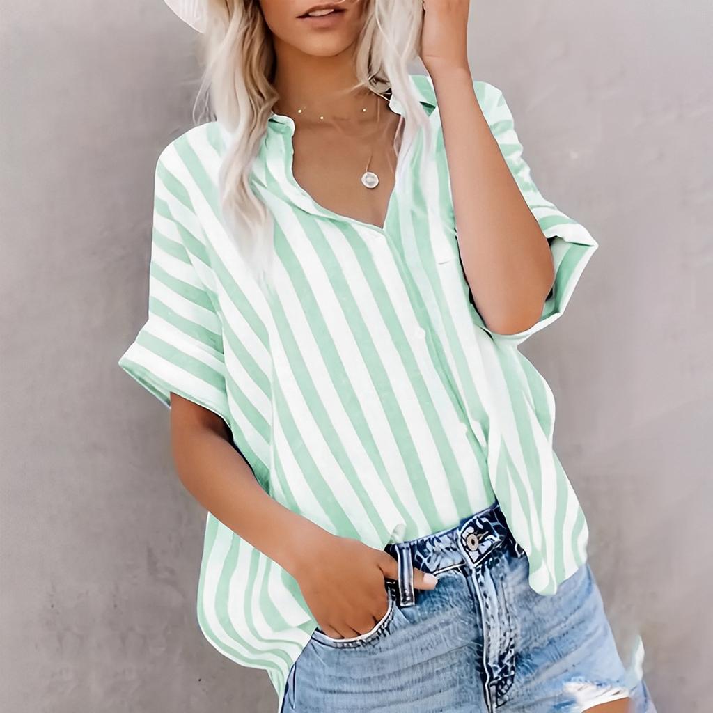 2026 Primavera/Estate Casual da Pendolare Stampata a Righe Bicolore Manica Corta Top Camicia da Donna