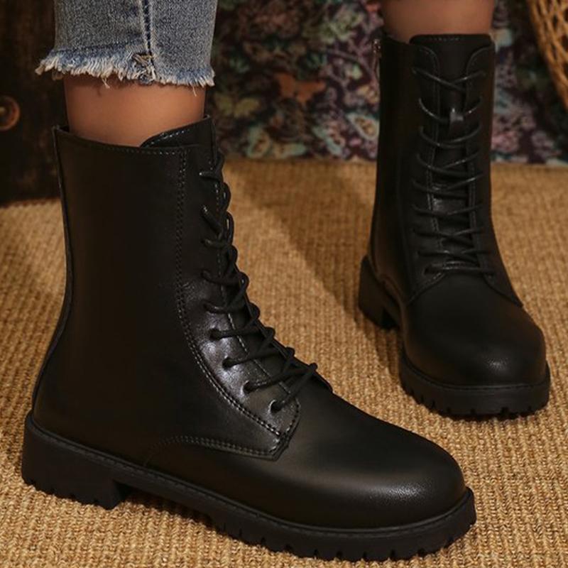 Fashion Women's Shoes British Solid Zip Ankle Boots for Woman Autumn Winter Round Toe Lace-Up Short Boots Women Pu Leather Shoes Zapatos