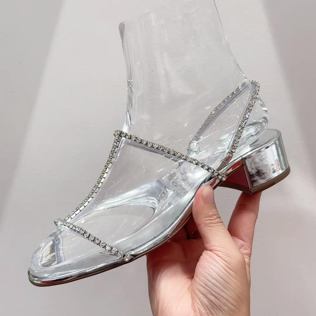 Fashion Silver Rhinestone Narrow Band Heeled Sandals Women Sexy Open Toe Chunky Designer Shoes Elegant Party Dress Shoes Sandalias Mujer