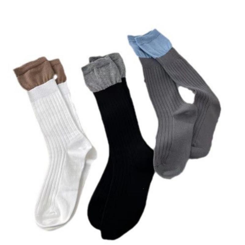 Women's Spring and Autumn Pure Cotton Vertical Striped Calf Puffy Socks
