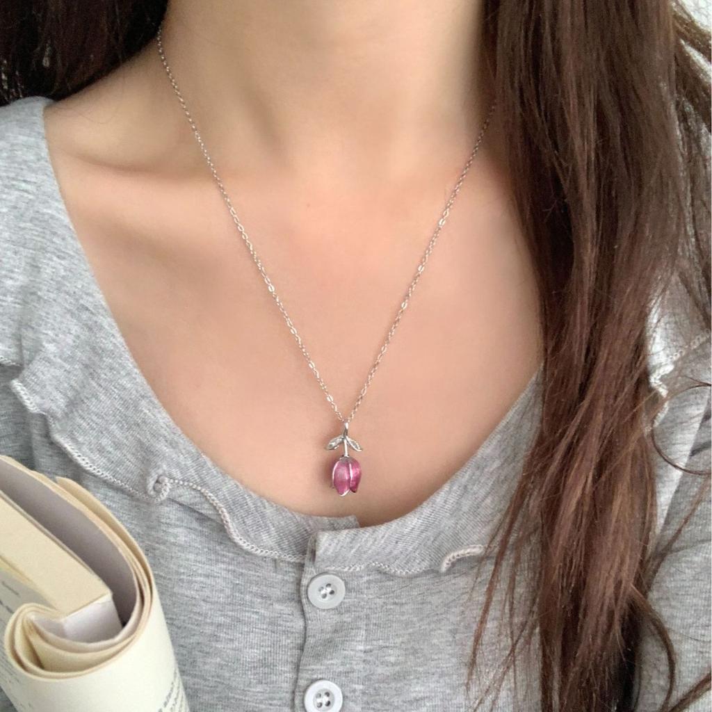 PANJBJ 925 Sterling Silver Flower Tulip Necklace for Women Leaf Drip Glaze Sweet Creativity Jewelry Party Gift Dropshipping