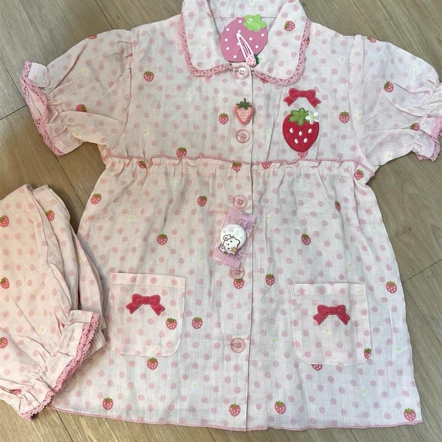 Doll collar lace full of polka dots strawberry pajamas women's summer short-sleeved shorts set girls can wear loungewear