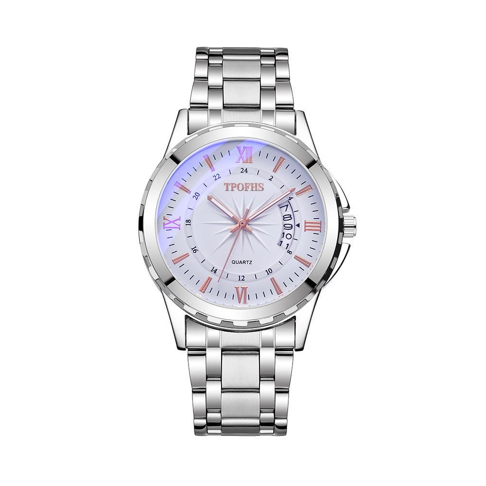 Blue Classic Light Steel Strap Mens Watch Waterproof With Calendar Function Movement Quartz
