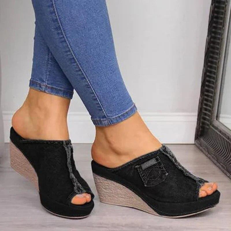 Sandali da Donna in Denim Pantofole Sandali con Zeppa Estivi Donna Bocca di Pesce Zeppe con Tacco Alto