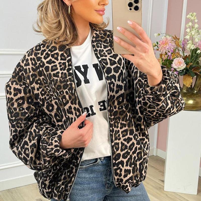 Modna Vintage Zamek Długi Rękaw Luźna Kurtka Kobiety Retro Okrągły Dekolt High Street Casual Płaszcz Nowy Design Panterka Kobieca Jesień Odzież Wierzchnia