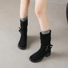 Krazing Pot Cow Suede Nubuck Winter Round Toe Modern Boots Med Heels Slip on Pleated Style Metal Buckle Mid-calf Boots