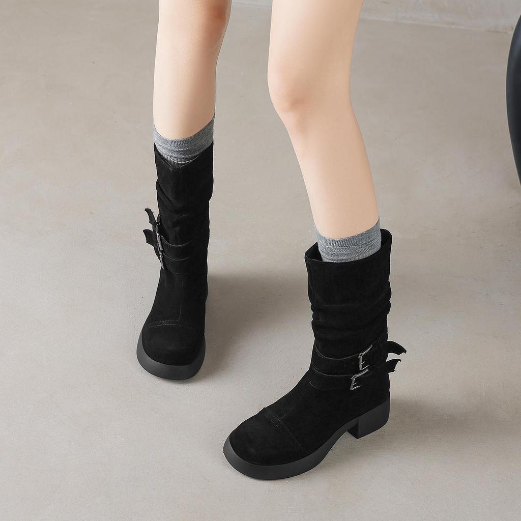 Krazing Pot Cow Suede Nubuck Winter Round Toe Modern Boots Med Heels Slip on Pleated Style Metal Buckle Mid-calf Boots