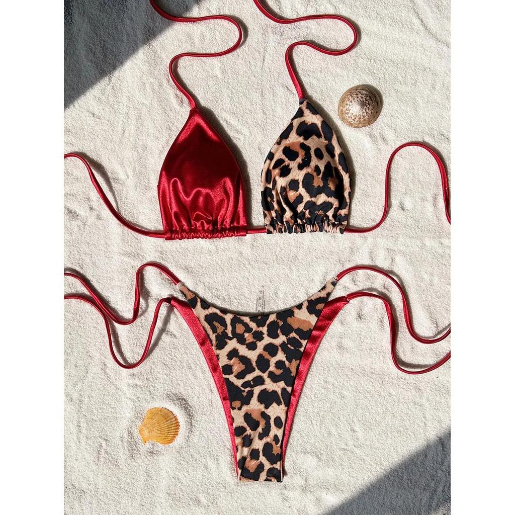 Leopard Neckholder Splicing Satin Bikini Damen Badeanzug Damen Bademode Zweiteiliges Bikini-Set Badegast Badeanzug Schwimmen