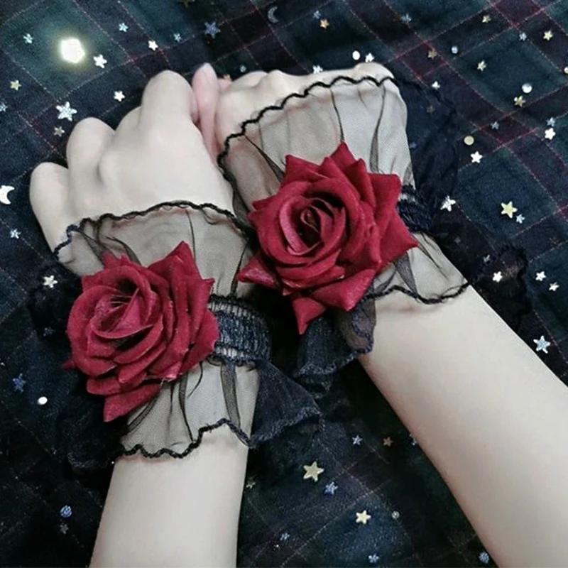 

Lolita Short Hand Sleeve Gloves Lace Rose Flower Wrist Cuffs Ruffled Floral Elastic Bracelet Women Cosplay Wristband One Size
