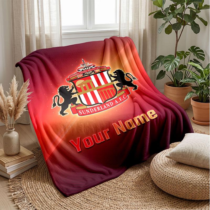 Sunderland FC Custom Name Text Flannel Blanket Soccer Logo Personalized Fleece Throw Blanket Special Gift For Sofa Bedroom Home