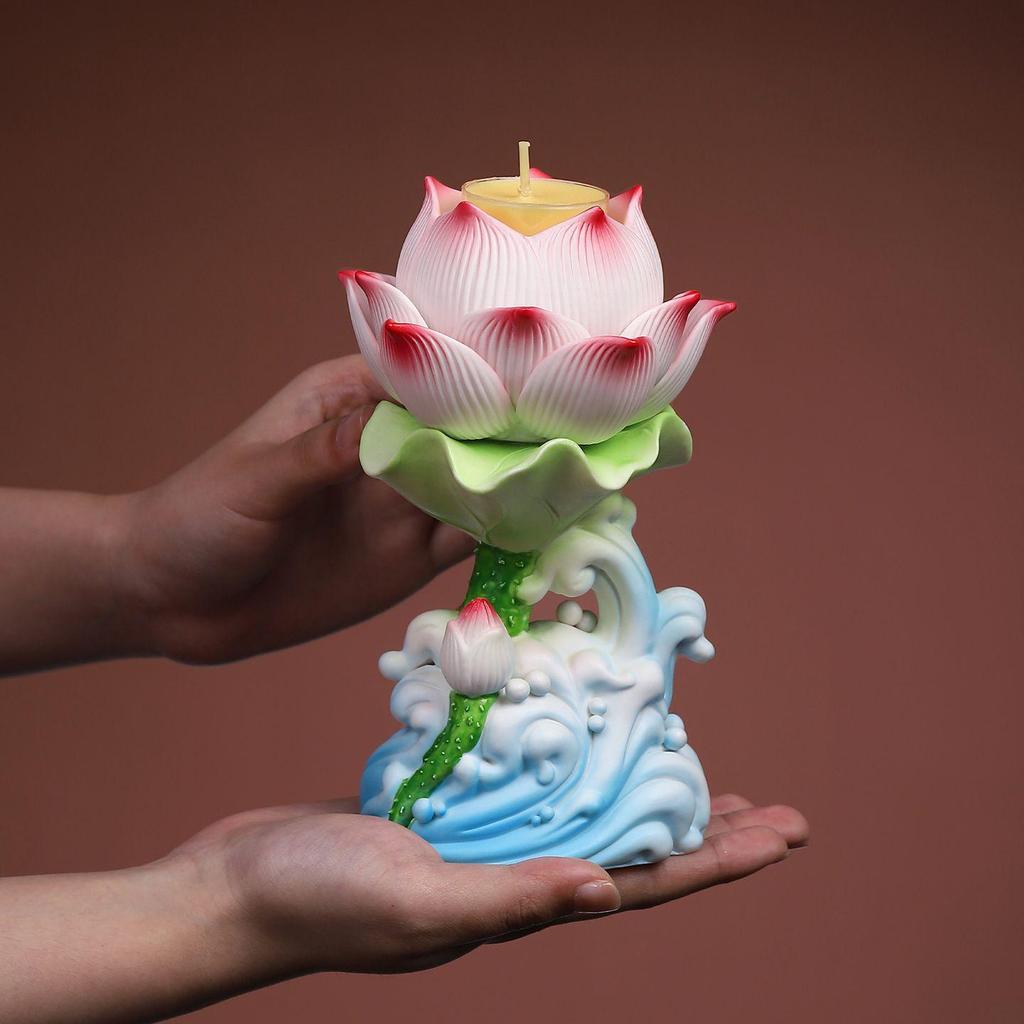 Lotus Ceramic Butter Lamp Holder for Buddhist Offerings - Candlestick & Candle Holder Ornament