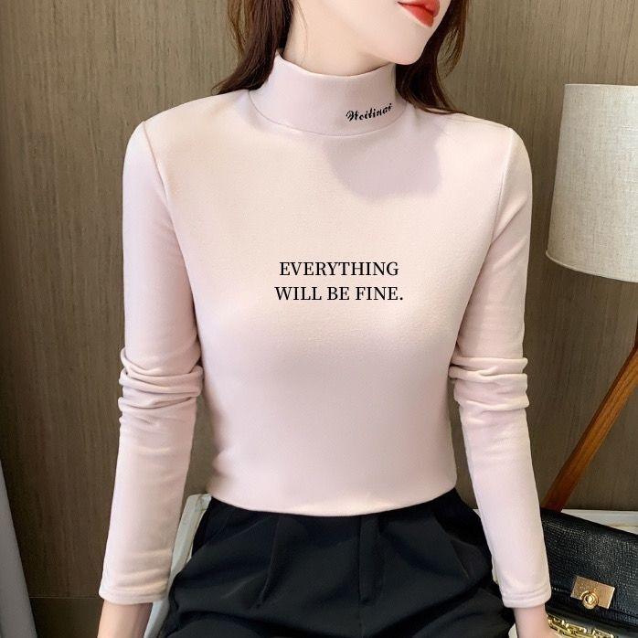 German Velvet Half-high Collar Printed Bottoming Shirt Women's Autumn and Winter Plus Velvet Long-sleeved T-shirt Slim-fit Warm  Top