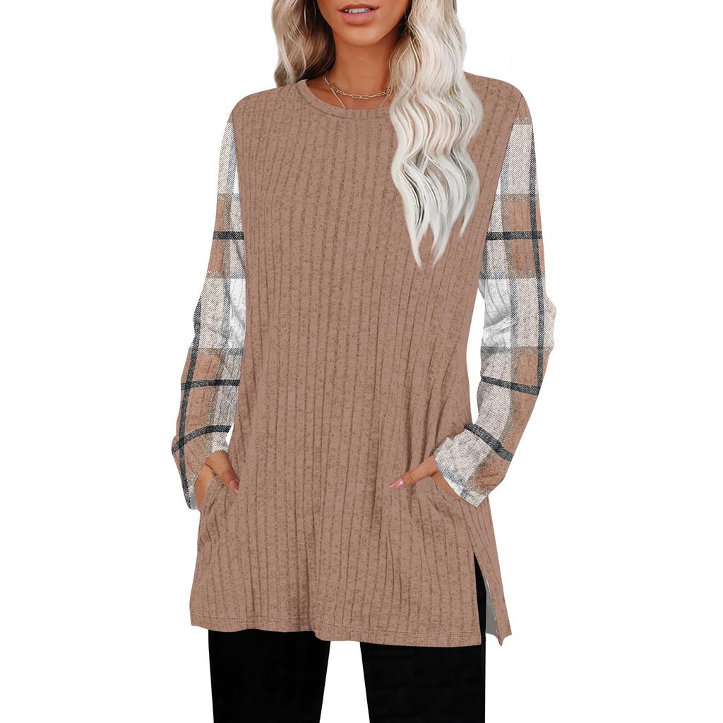 Women's Striped Printed Round-neck Long-sleeved Top With Pockets And Side Slits