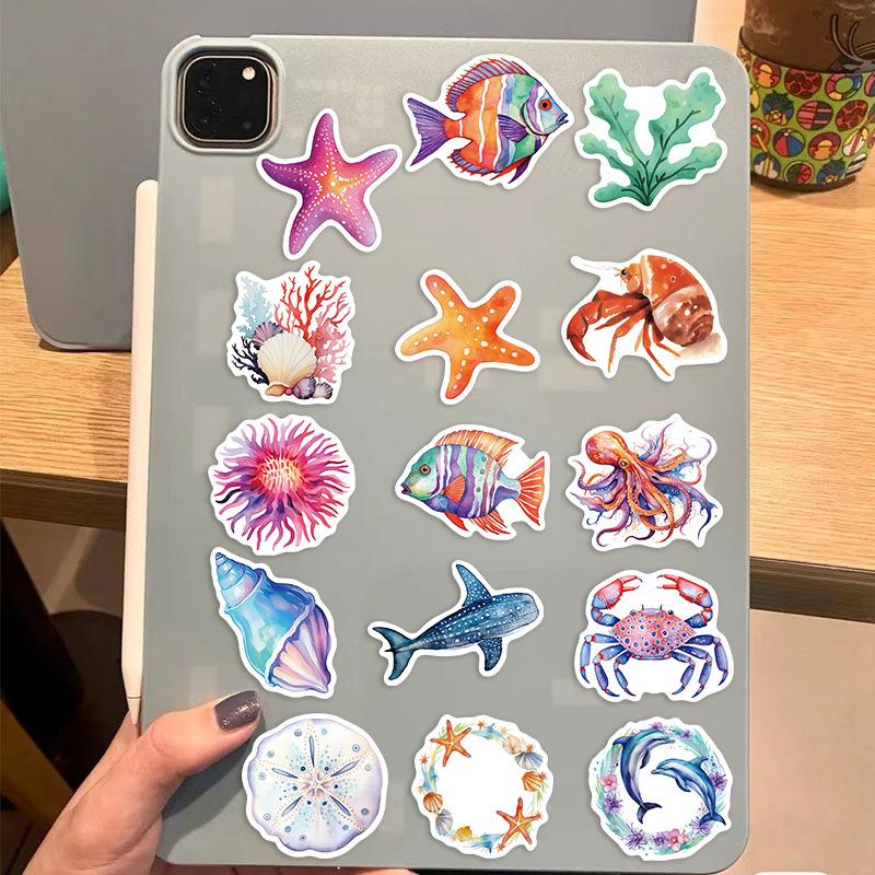 50Pcs Ocean Cartoon Sea Turtle Shrimp Starfish Stickers Diy Laptop Luggage Cup Skateboard Graffiti Decals Fun For Kid Gift