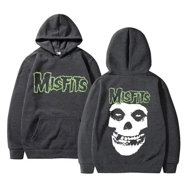 Horror Punk Misfits Graficzny Nadruk Czaszki Bluza z Kapturem Męska Gotycka Vintage Luźna Bluza z Kapturem Męska Polar Bawełna Ubrania Męska Bluza Rockowa