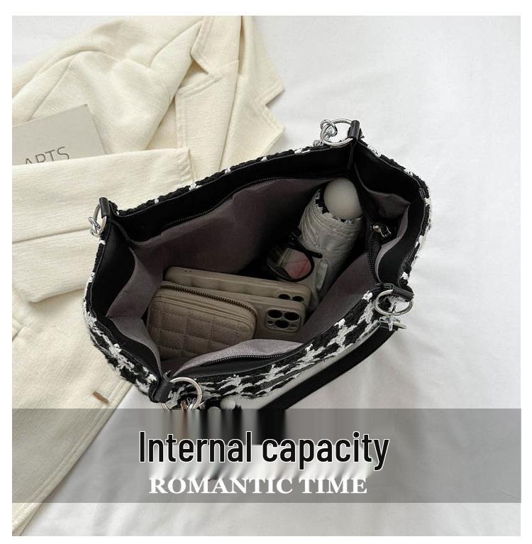 2023 Karierter Woll-Tote: Herbst/Winter Damen Vielseitige Schulter-Eimer-Tasche, Große Kapazität