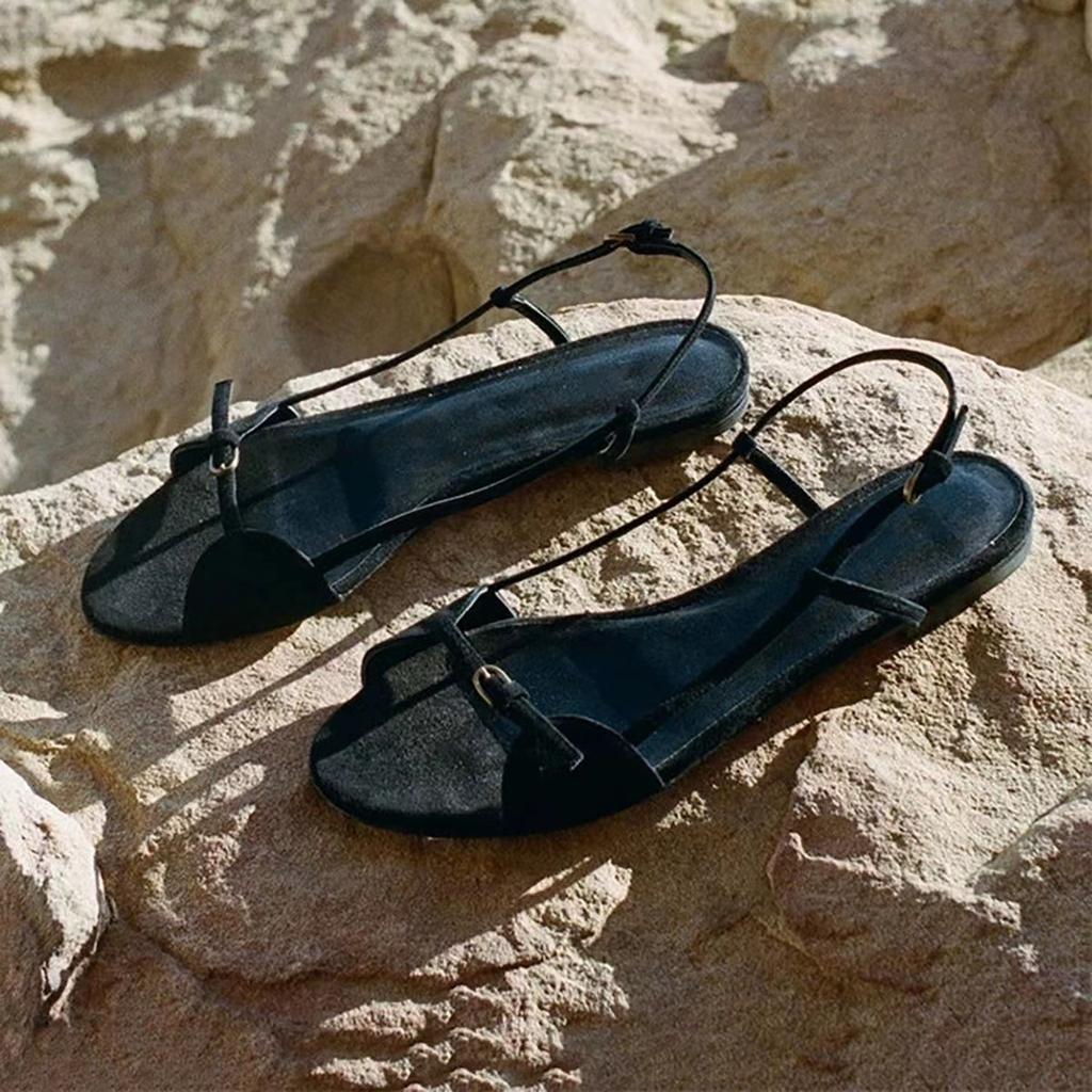 Round Toe Soft Frosted Open Toe Hollow Belt Buckle Flat Shoes