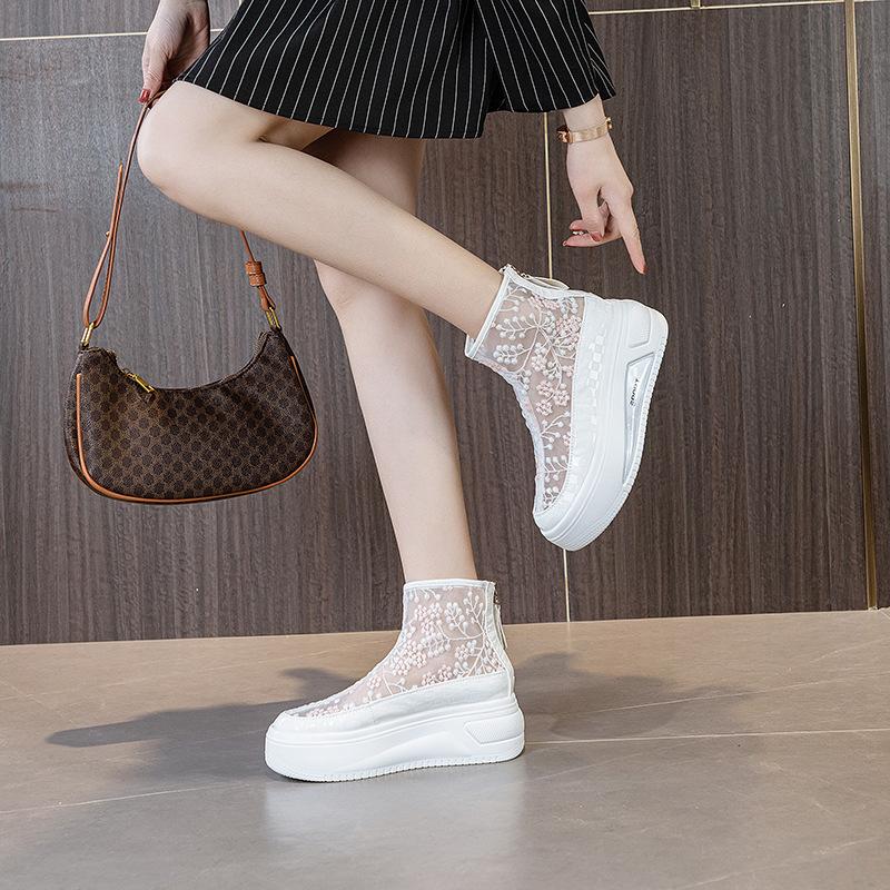 Fashion High Quality 6CM Air Mesh Lace Women Boots Platform Sandals Women Summer Shoes Breathable Zip Women Ankle Boots Spring Fashion