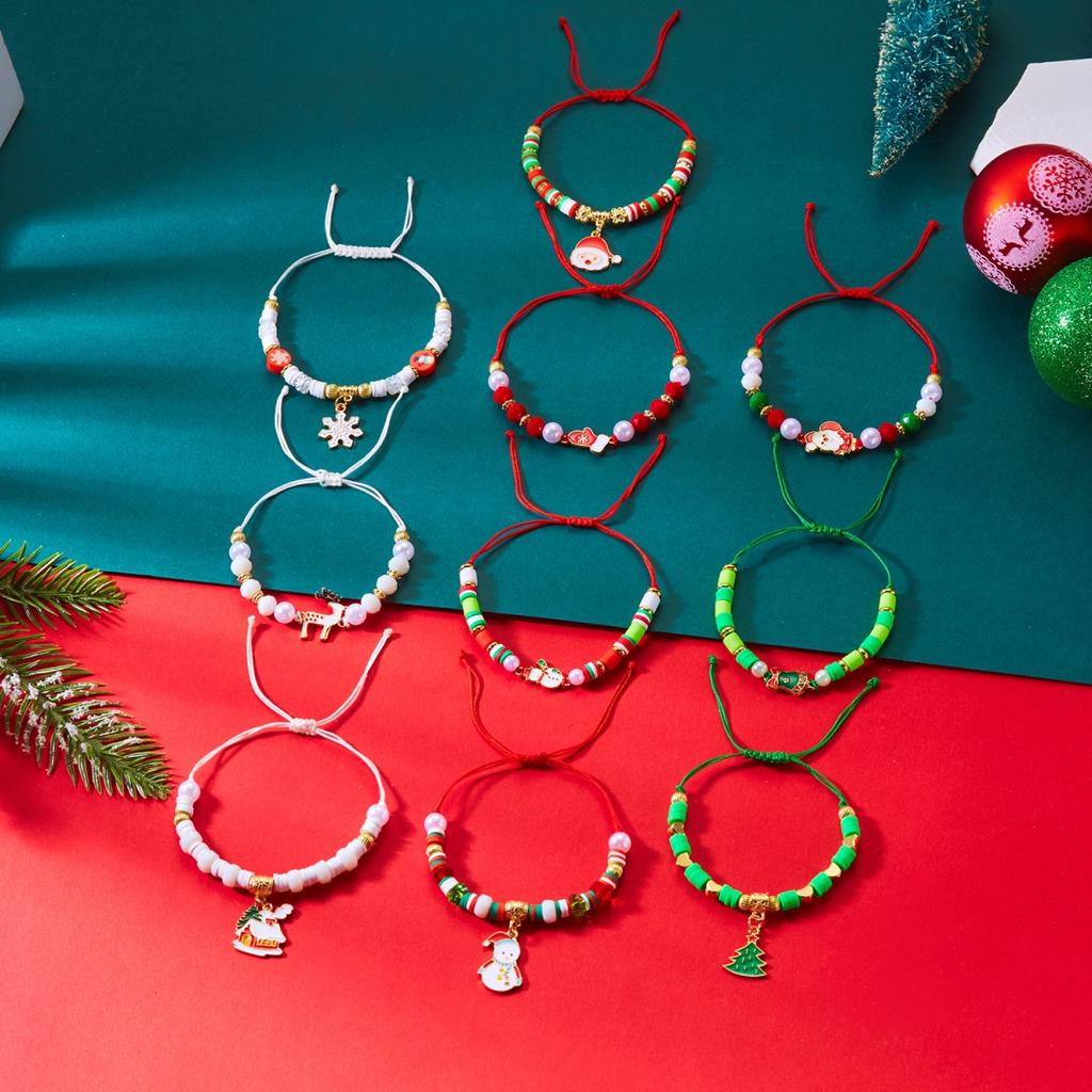 10Pcs/Set Christmas Santa Claus Snowman Snowflake Deer Tree Gingerbread Gloves Crystal Rice Beads Bracelet For Women Men Jewelry