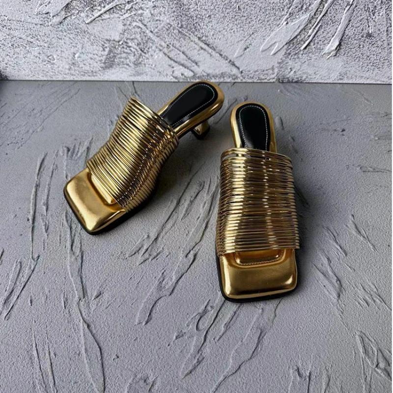 

Fashion Stylish Square Head Line with Thin Open Toe Sexy Elegant Fashion All Comfortable Non-slip Simple Wear-resistant Women s Slippers 35 золотой