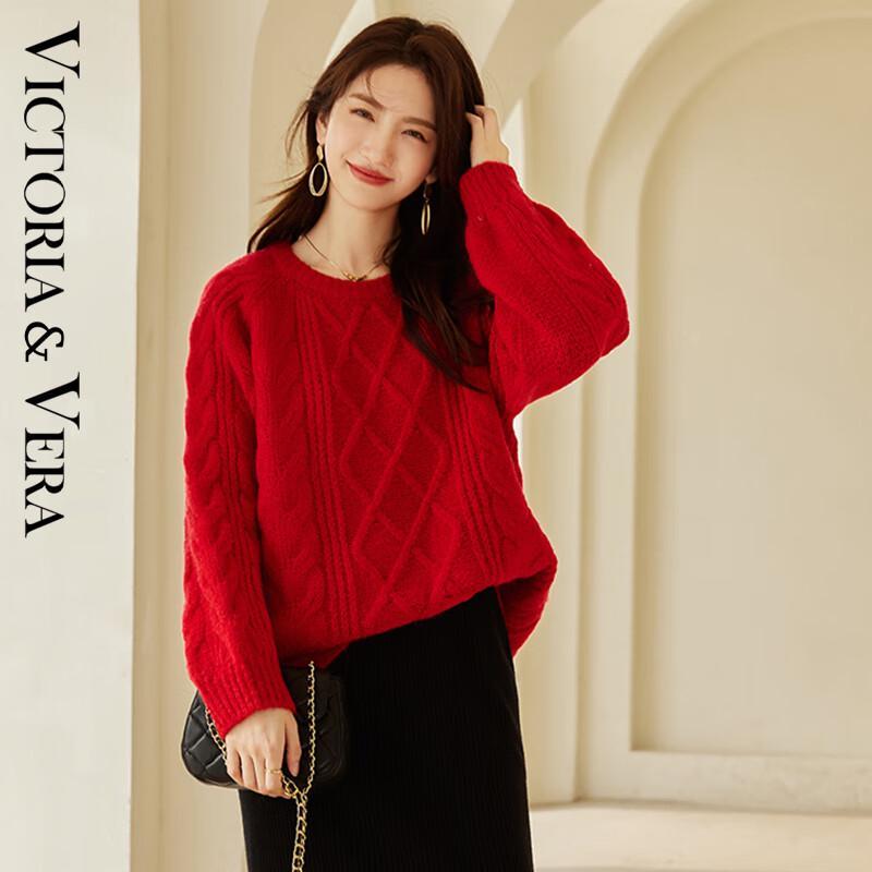 VICTORIA&VERA Women's Vintage Cable Knit Round Neck Sweater