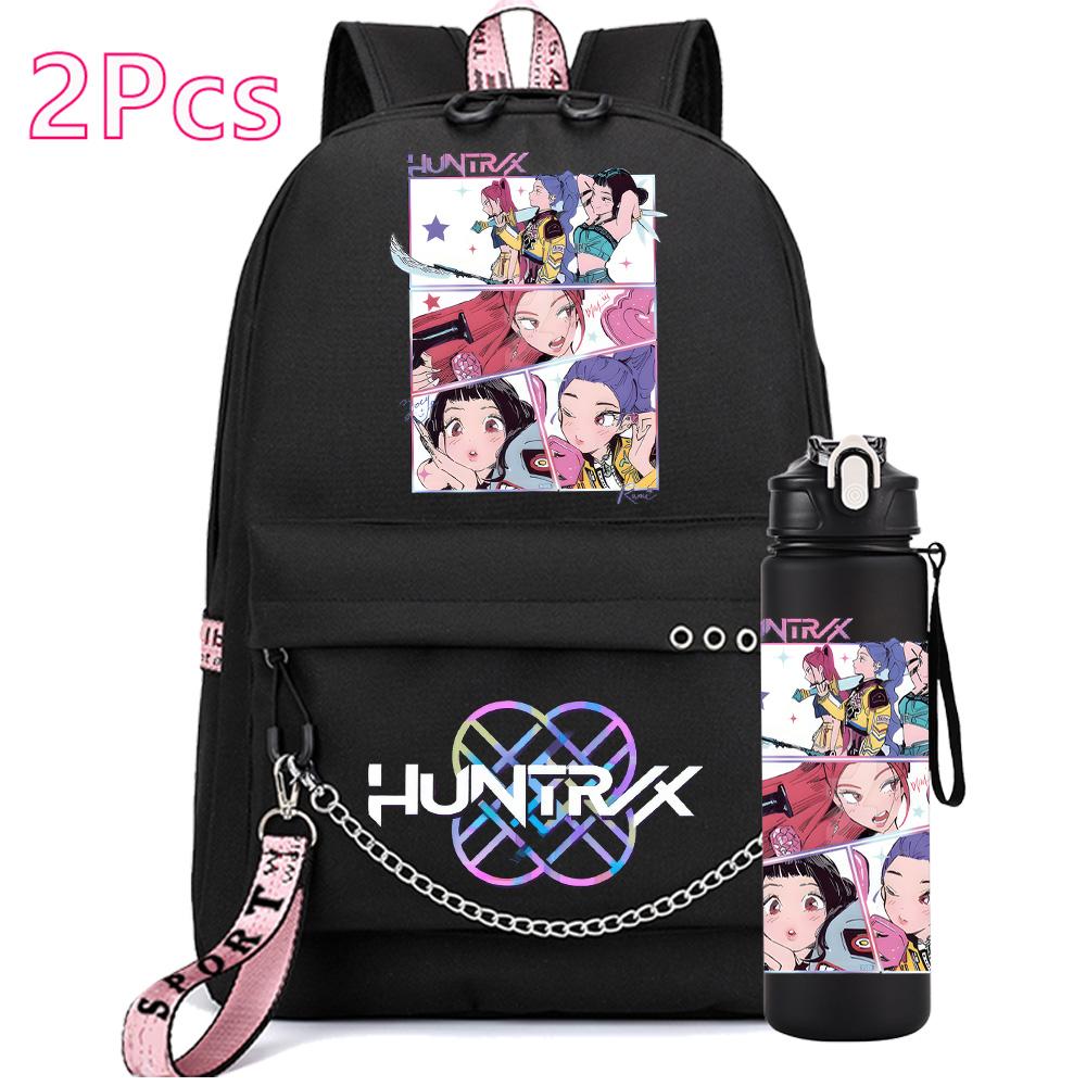 2Pcs/set Anime Cute Kpop Printed Backpack with 750Ml Water Bottler for Teenager Girl Boy Bookbag Kid Gift Large Capacity Travel Bag Rucksak