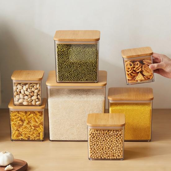 Large Square Flour Sugar Storage Container Airtight Plastic Food Jar with Wooden Lid for Flour Sugar Cookies Rice Coffee Beans Kitchen Pantry