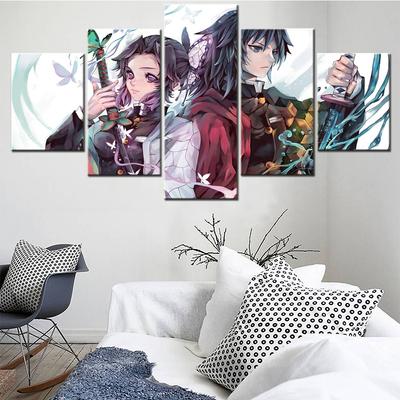 Wall Art Canvas Poster Living Room Home Decor 5 Pieces Demon Slayer Cartoon Paintings HD Prints Anime Characters Pictures Frame