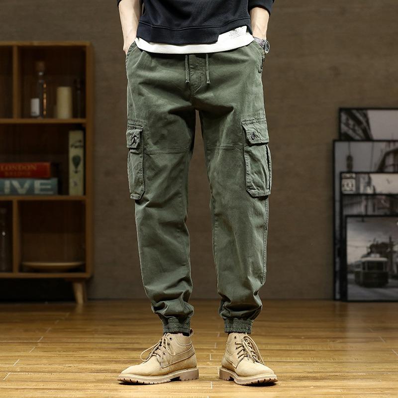 Solid color tied tote overalls men's spring and autumn tide brand pure cotton casual pants men's wear-resistant commuting versatile trousers