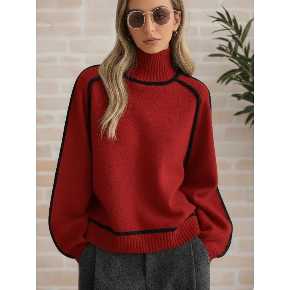 

Осень Зима Женские Свитера с Воротником-стойкой Повседневные Полосатые С Длинным Рукавом Вязаные Пуловеры Обычные Джемперы Уличная Одежда Пуловеры XL темно-красного