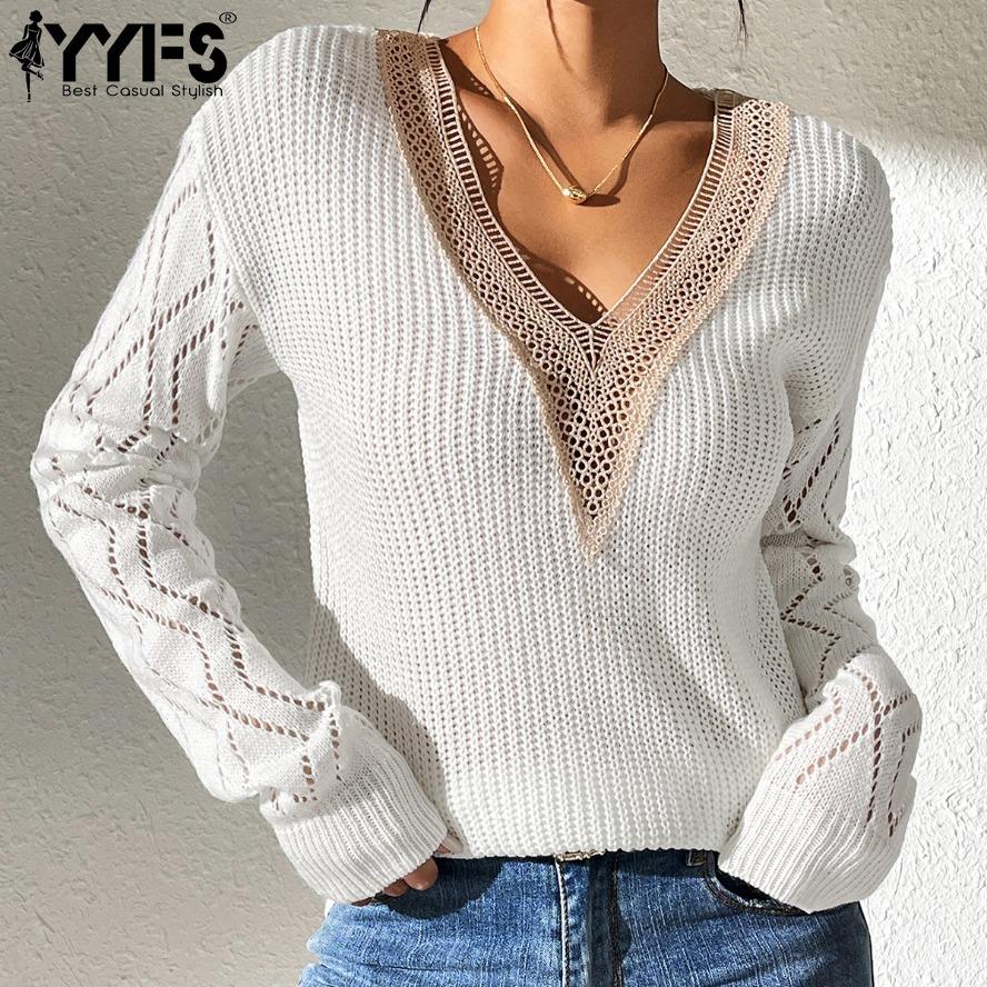 YYFS Maglioni a maniche lunghe con scollo a V, stampati in tinta unita, casual, autunno inverno, da donna