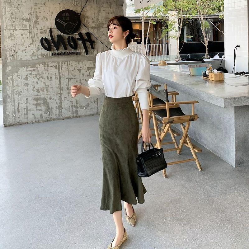 Damen Hohe Taille Wildlederrock A-Linie Midi-Länge Bodycon Fischschwanz Wickelrock Langrock Herbst