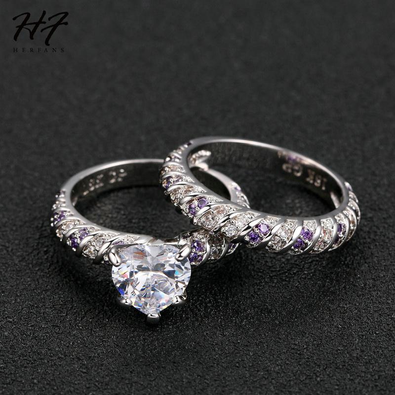 Romantic Heart Shaped 2 Pieces Ring Sets for Women Sliver Color AAA+ Cubic Zirconia Wedding Fashion Jewelry Xmas Gift DD027