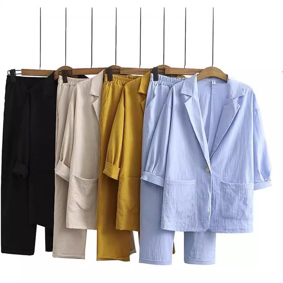 Women's Casual Cotton Linen 2-Piece Autumn Suit: Jacket & Pants Set