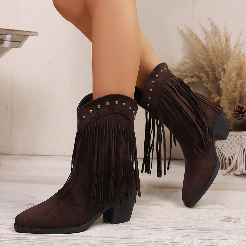 Vintage Tassel Detor Ankle Boots Women Spring Autumn Pointed Toe Square Heel Boots Woman Fashion Slip On Plus Size Booties Lady