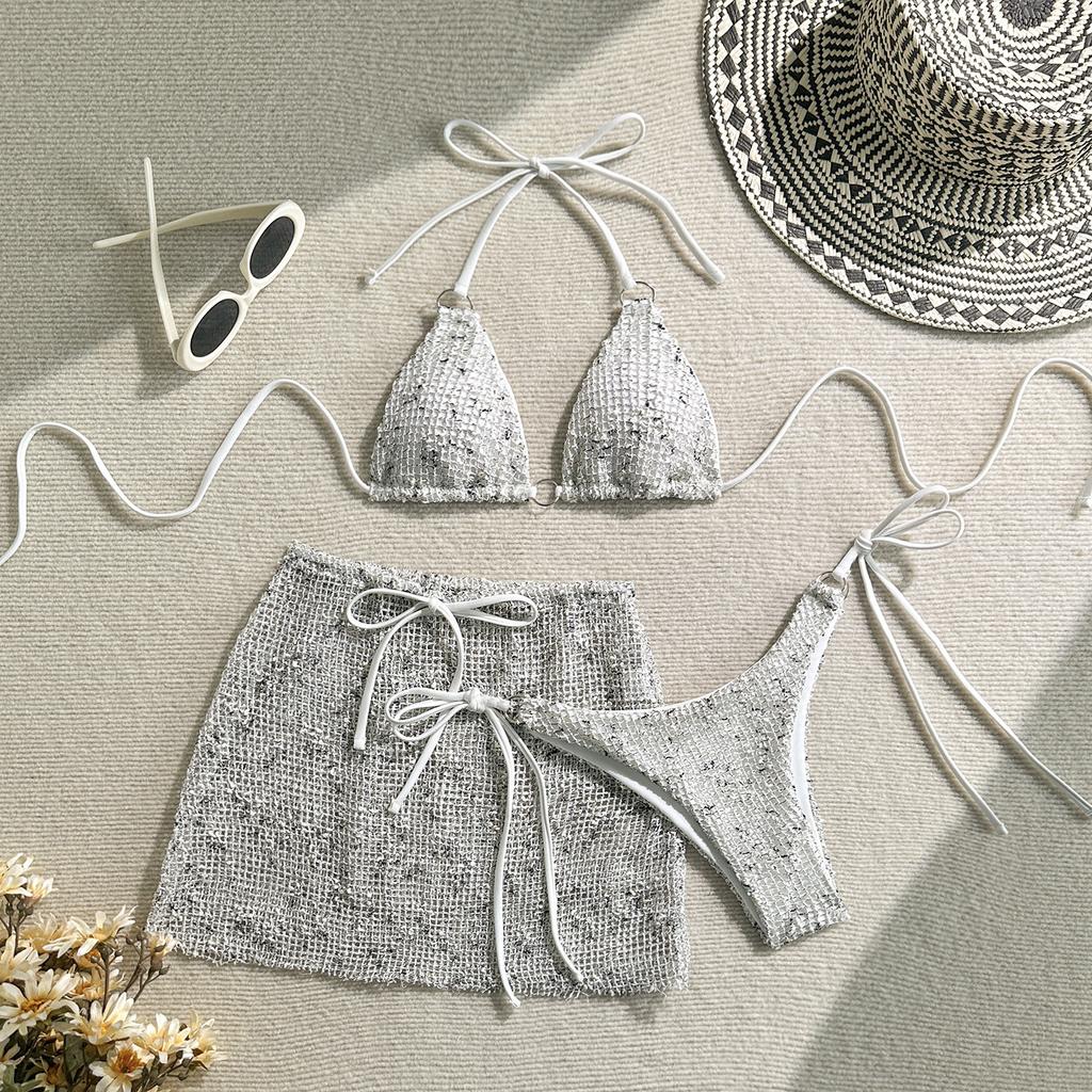 Women's 3 Piece New Glitter Mesh Bikini Set Sexy Halter Tie Triangle Swimsuit Sheer Mesh Mini Skirt Cover Up Summer Beach Swimwear