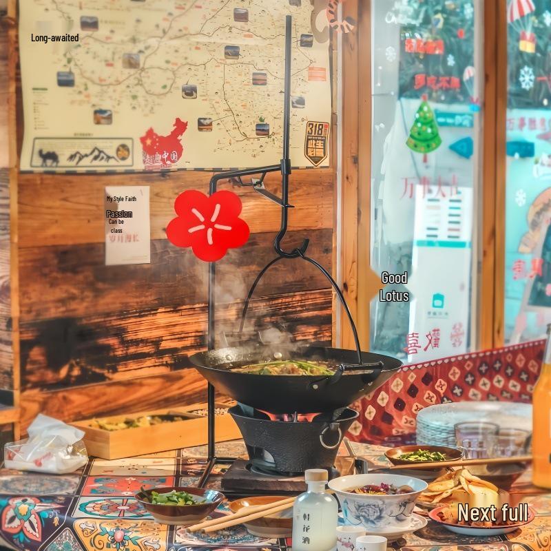 Farmhouse Traditional Cast Iron Hanging Hot Pot Tableware with Stand