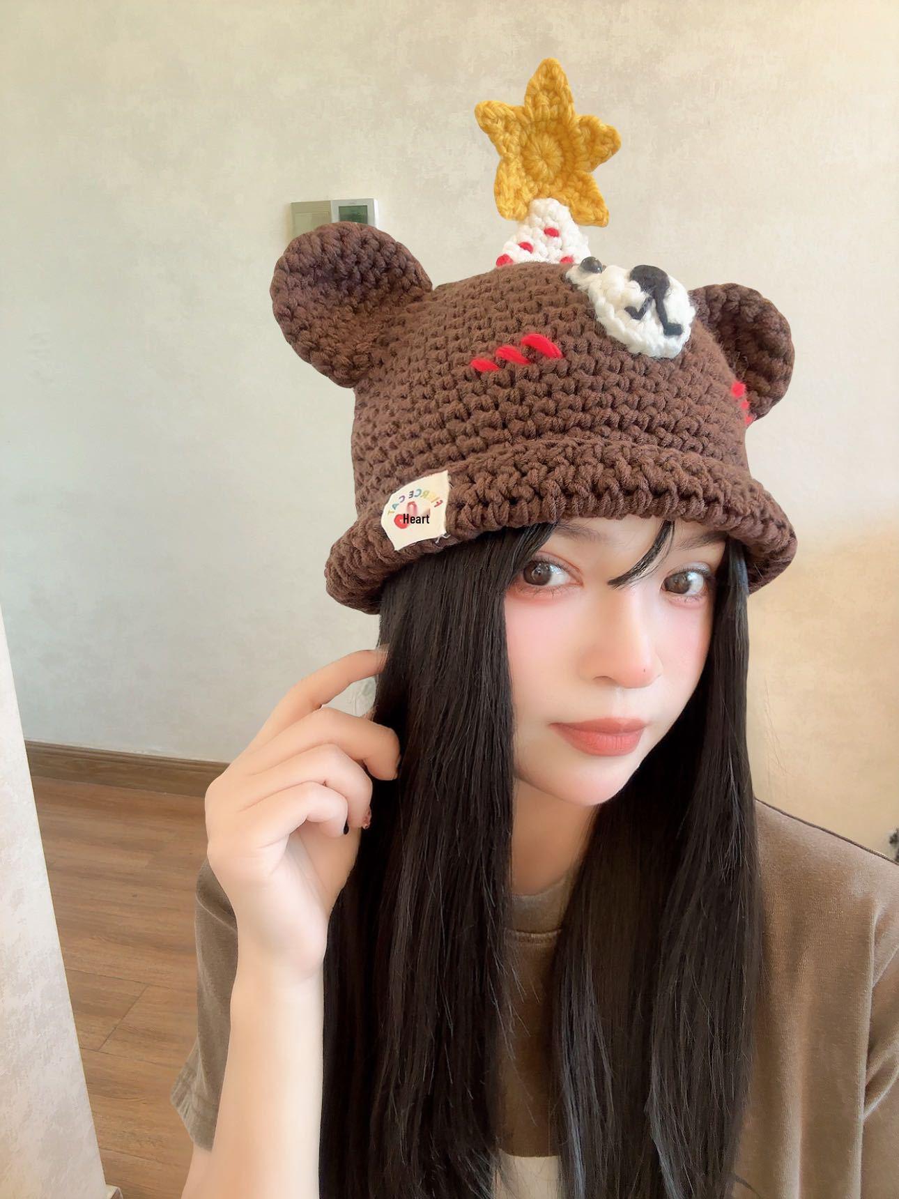 

Trendy 2025 Handmade Knitted Cartoon Bear Wool Hat – Perfect Gift for Besties One Size коричневый